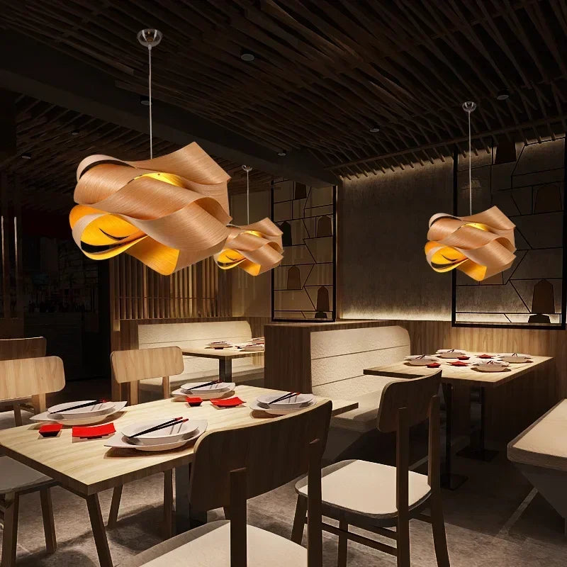 Nordic Wood Veneer Pendant Light for Bedroom
