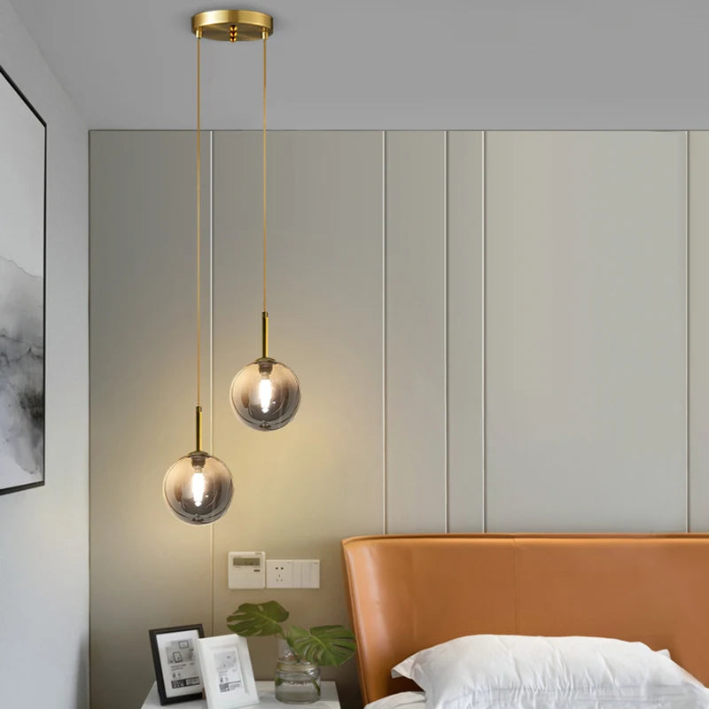 Modern LED Bedside Pendant Light White/Smoke Gray Glass Ball Ceiling Hanging Lamps Nordic Home Decoration Ceiling Pendant Lamp