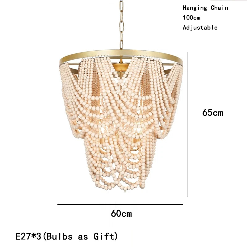 Bohemian Wood Beaded Chandelier with Draped Swags for Entryway