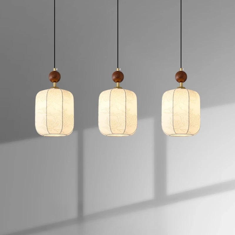 Minimalist Textile Pendant Light with Wood Accent