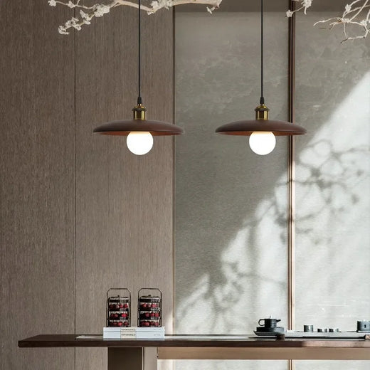 Solid Wood Disc Pendant Light with Opal Globe for Tea Room and Hallway