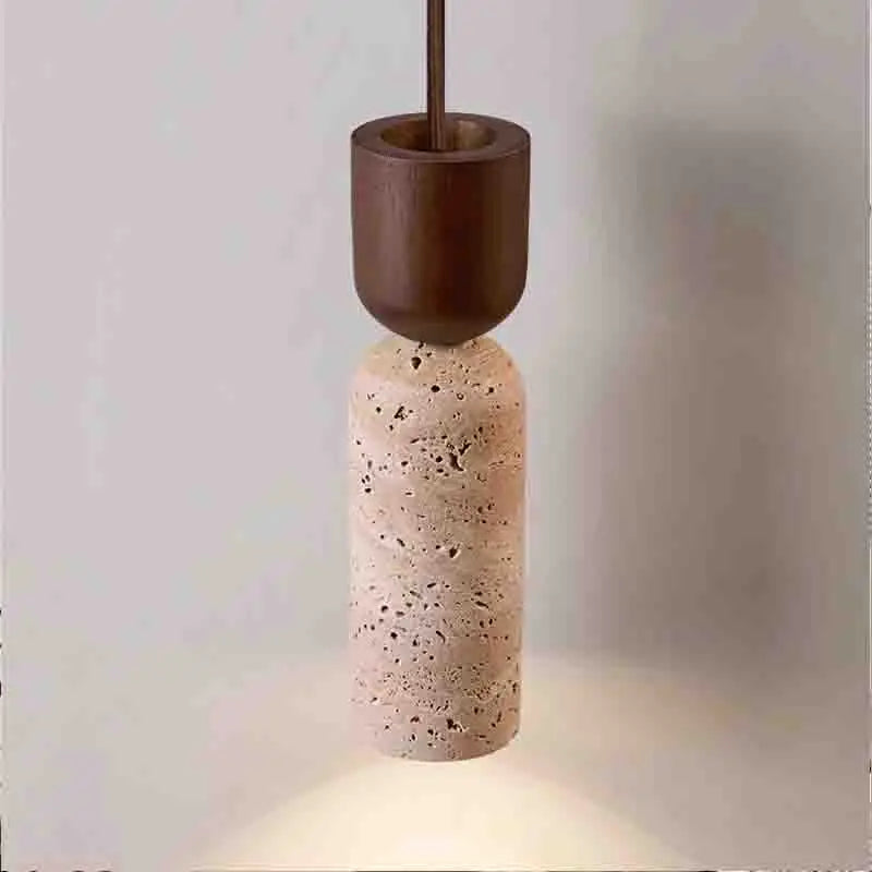 Wabi Sabi Travertine Cylinder Pendant Light with Walnut Top for Bedside