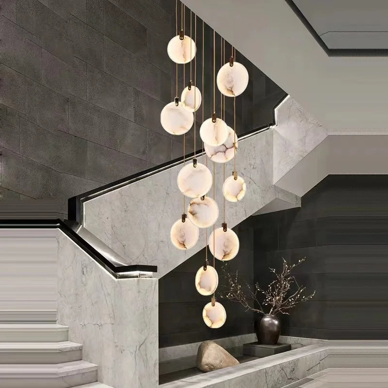 Luxury Alabaster Marble Disc Chandelier for Staircase and Lobby