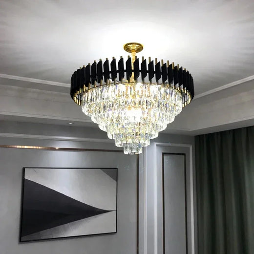 Luxury Black and Gold Tiered Crystal Chandelier for Living Room