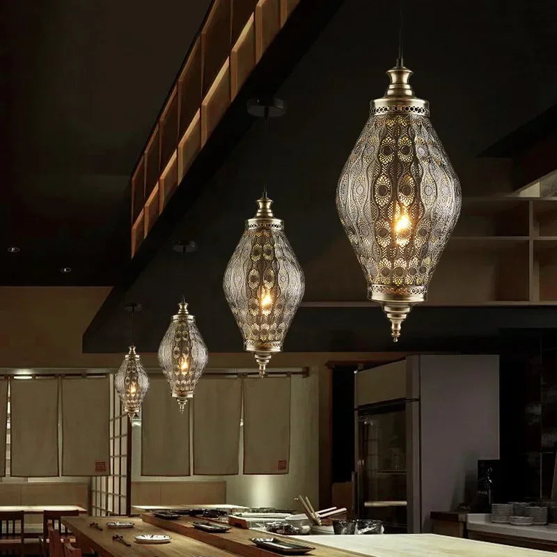 Moroccan Pierced Metal Teardrop Pendant Light for Dining Room and Hallway