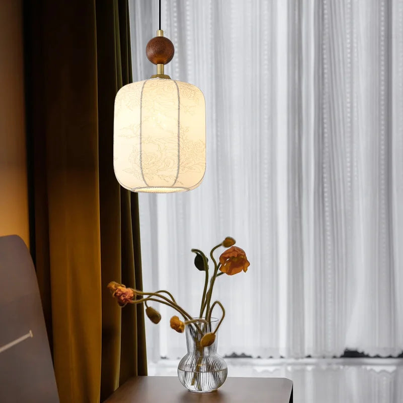 Minimalist Textile Pendant Light with Wood Accent