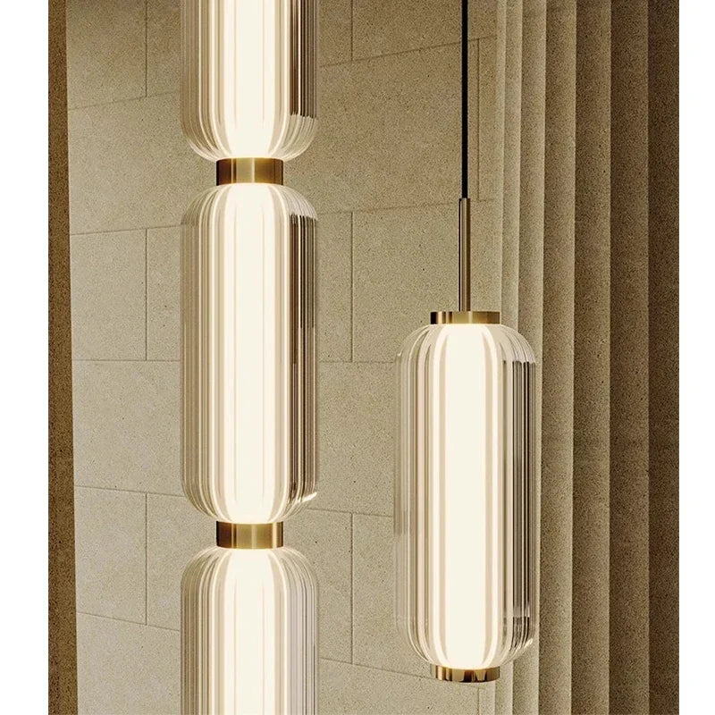 Modern Ribbed Glass Capsule Linear Chandelier in Gold for Dining Table
