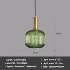 Vintage Striped Glass Pendant Light in Green Gray and Amber for Kitchen Island