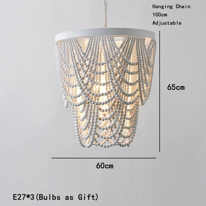 Bohemian Wood Beaded Chandelier with Draped Swags for Entryway