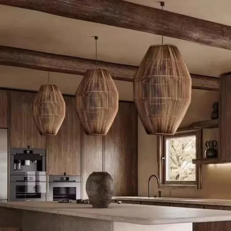 Retro Rattan Pendant Light with LED