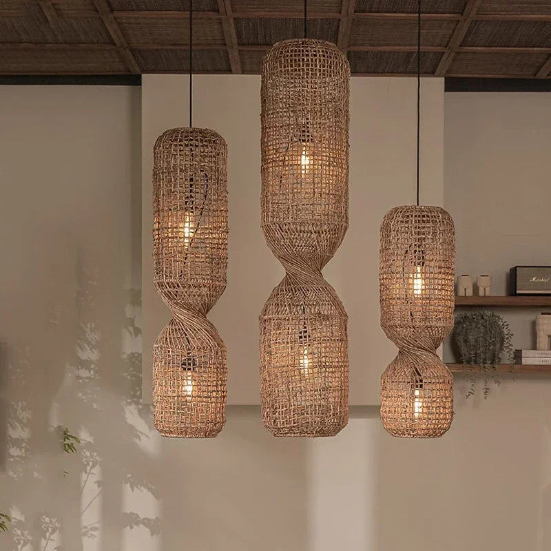 Hand Woven Rattan Column Pendant Light for Staircase and Living Room