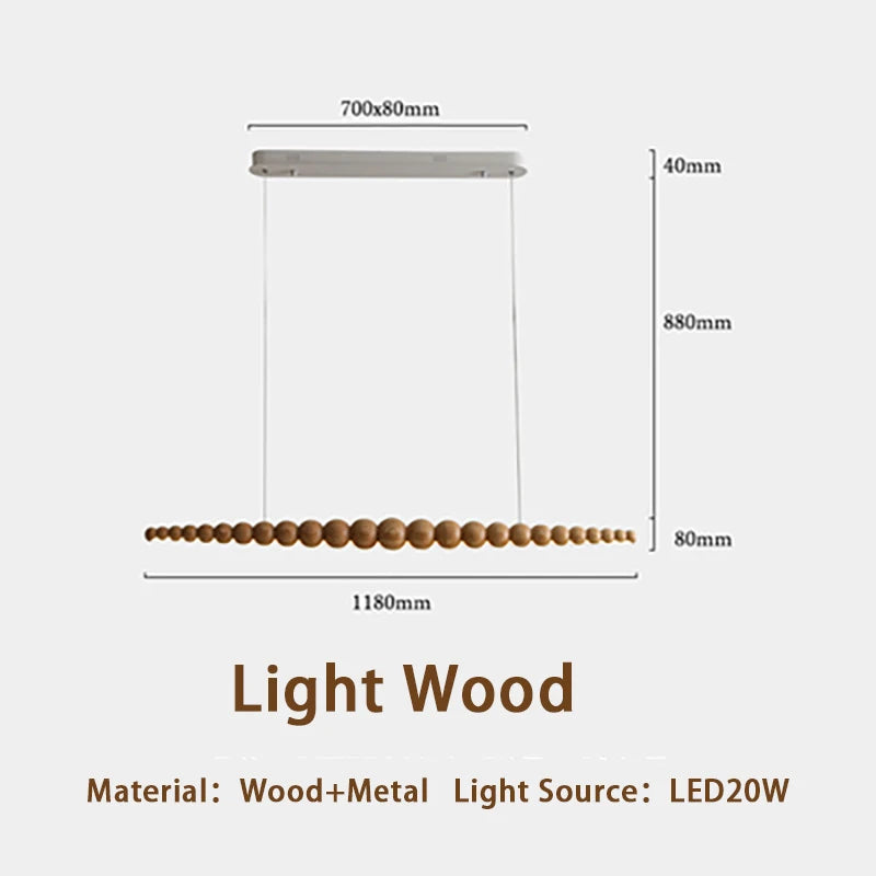 Modern Wood Bead Linear LED Pendant Light for Dining Table and Kitchen Island
