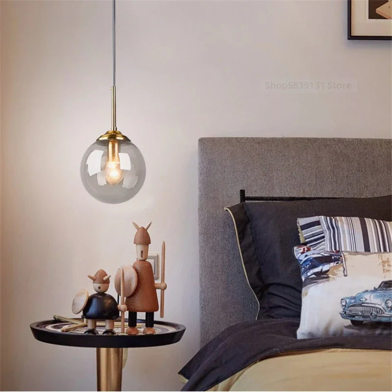 Nordic Glass Ball Pendant Light 15cm with Brass Stem for Bedside