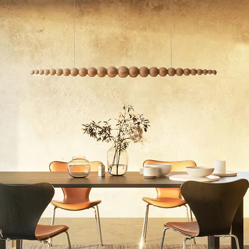 Modern Wood Bead Linear LED Pendant Light for Dining Table and Kitchen Island