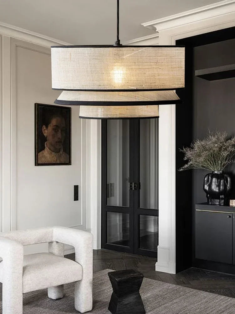 Japanese Linen Three Tier Drum Pendant Light with Black Trim for Dining Room