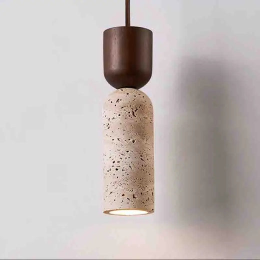 Wabi Sabi Travertine Cylinder Pendant Light with Walnut Top for Bedside