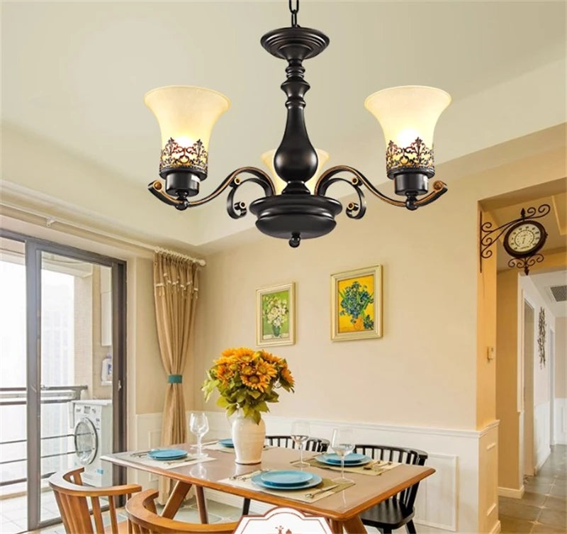 Vintage Loft Wrought Iron Pendant Chandelier with Glass
