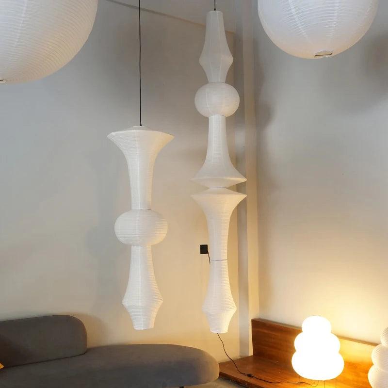 Wabi Sabi Rice Paper Style Totem Pendant Light for Staircase and Living Room