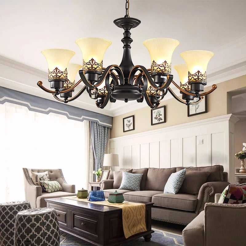 Vintage Loft Wrought Iron Pendant Chandelier with Glass