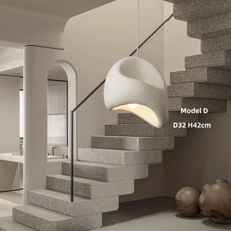 Wabi Sabi Organic Sculpted Pendant Light in White and Gray for Staircase