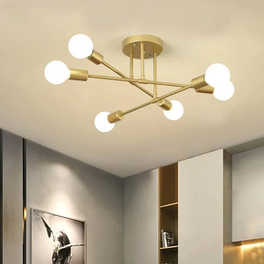 Modern Gold Sputnik Semi Flush Ceiling Light for Bedroom and Living Room