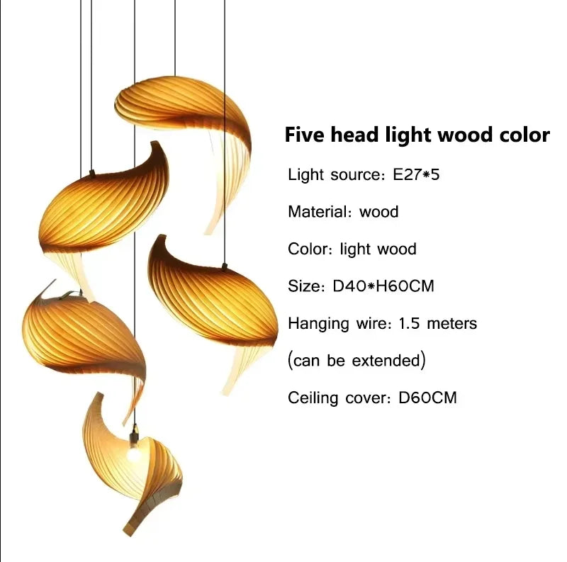 Lámpara colgante de madera japonesa, diseño plisado hecho a mano