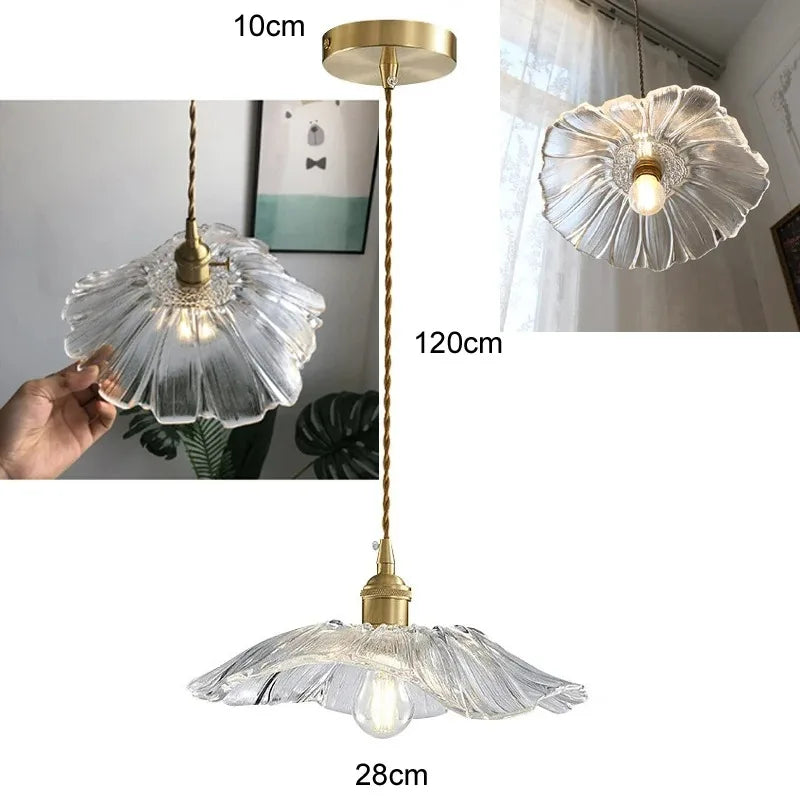 Vintage Flower Petal Glass Pendant Light with Brass Stem for Kitchen