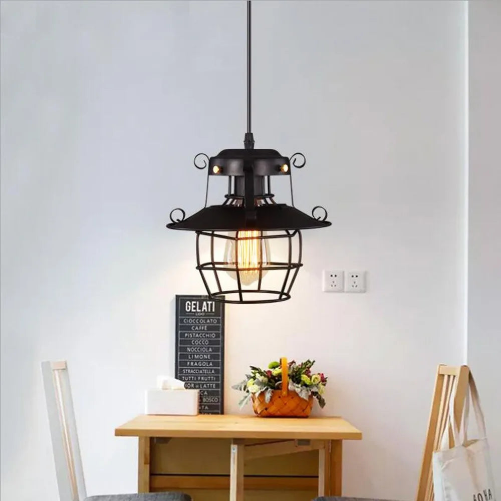 Industrial Black Caged Lantern Pendant Light for Bar and Hallway
