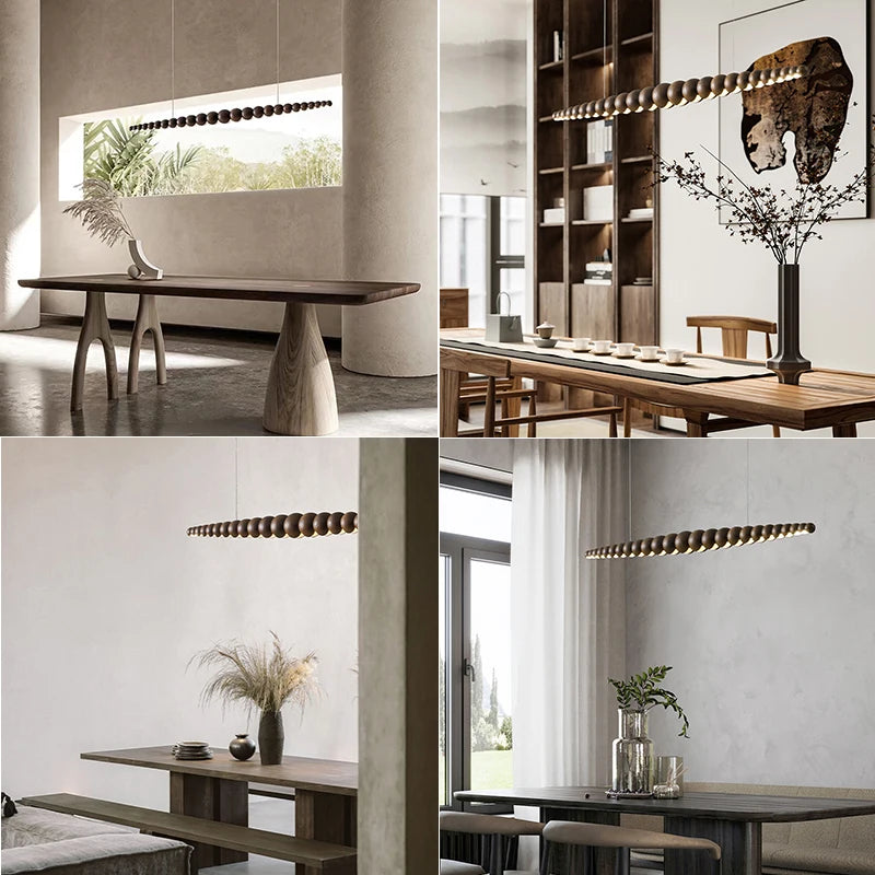 Modern Wood Bead Linear LED Pendant Light for Dining Table and Kitchen Island