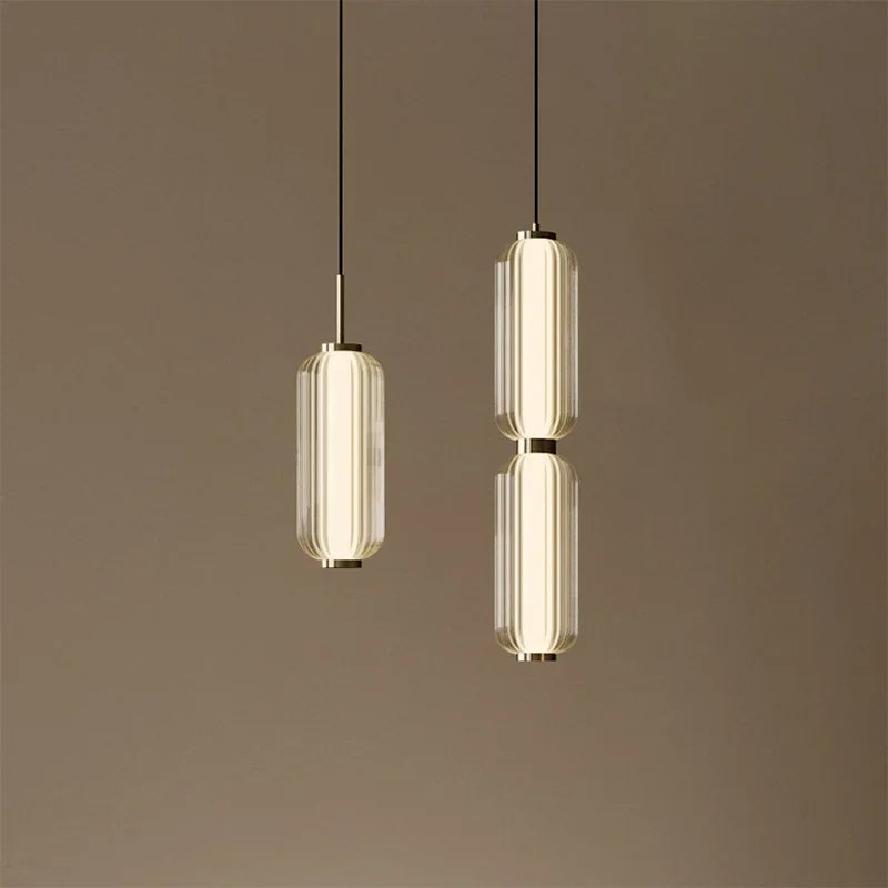 Modern Ribbed Glass Capsule Linear Chandelier in Gold for Dining Table