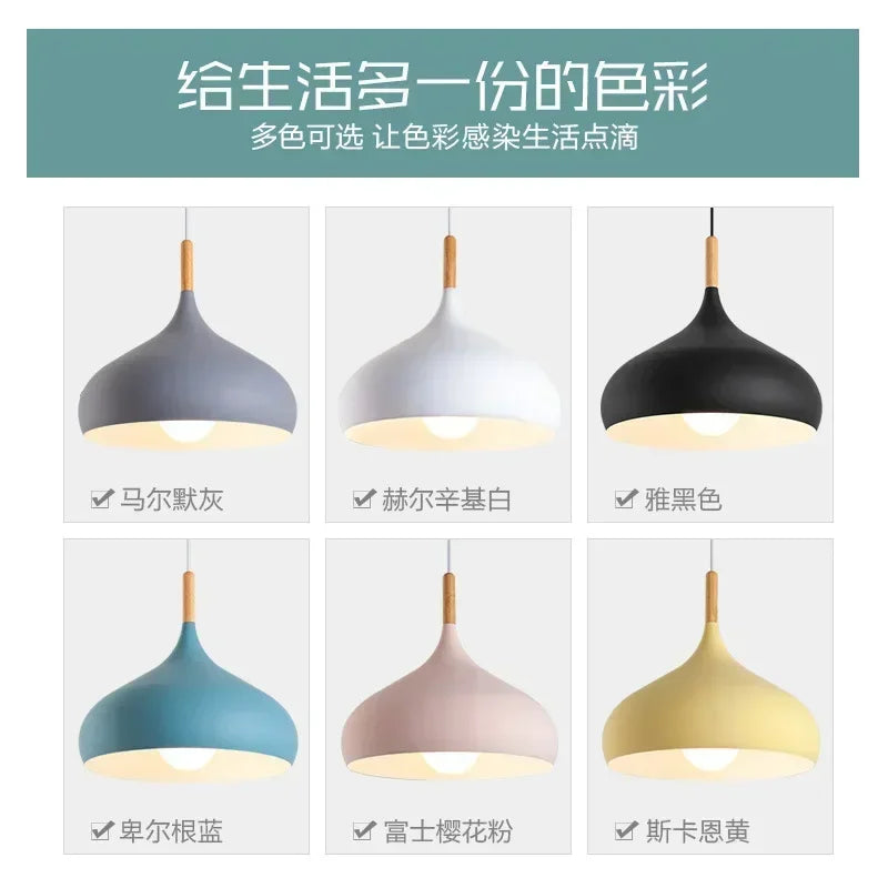 Nordic Matte Dome Pendant Light with Wood Top in Blue for Dining Room