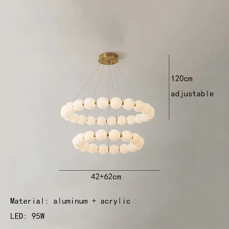 Modern Pearl Ball Ring Chandelier in Cream White for Living Room