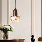 Veined Marble Cylinder Pendant Light with Walnut Top for Bar Counter