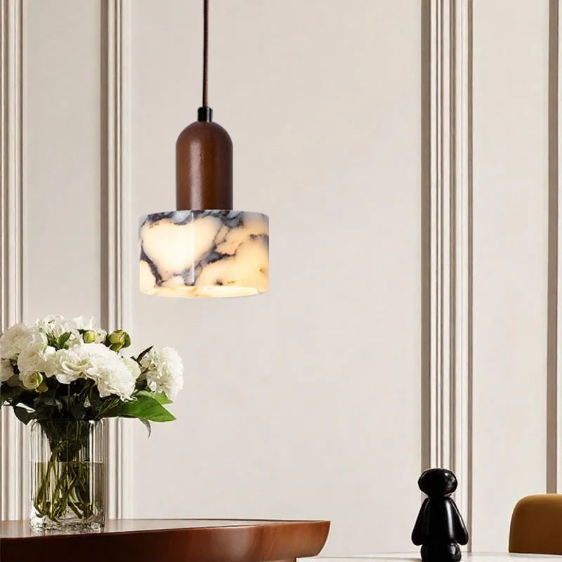 Veined Marble Cylinder Pendant Light with Walnut Top for Bar Counter