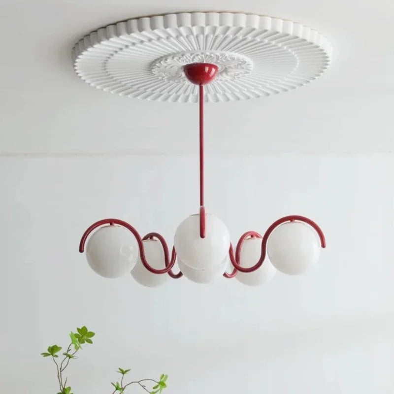 French Cream Squiggle Chandelier with Opal Glass Globes in Red and White