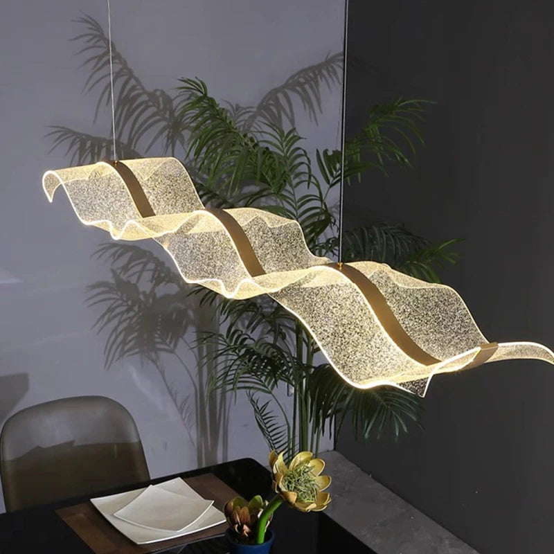 Modern Wave LED Linear Chandelier for Dining Table in Black Gold and White