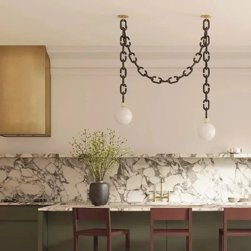 Art Deco Glass Chain Swag Pendant Light with Opal Globes for Dining Room