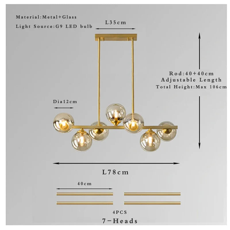 Glass Globe Mid Century Chandelier Linear Dining Light