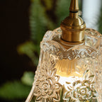 Vintage Textured Flower Glass Pendant Light with Brass Fitting for Bedside