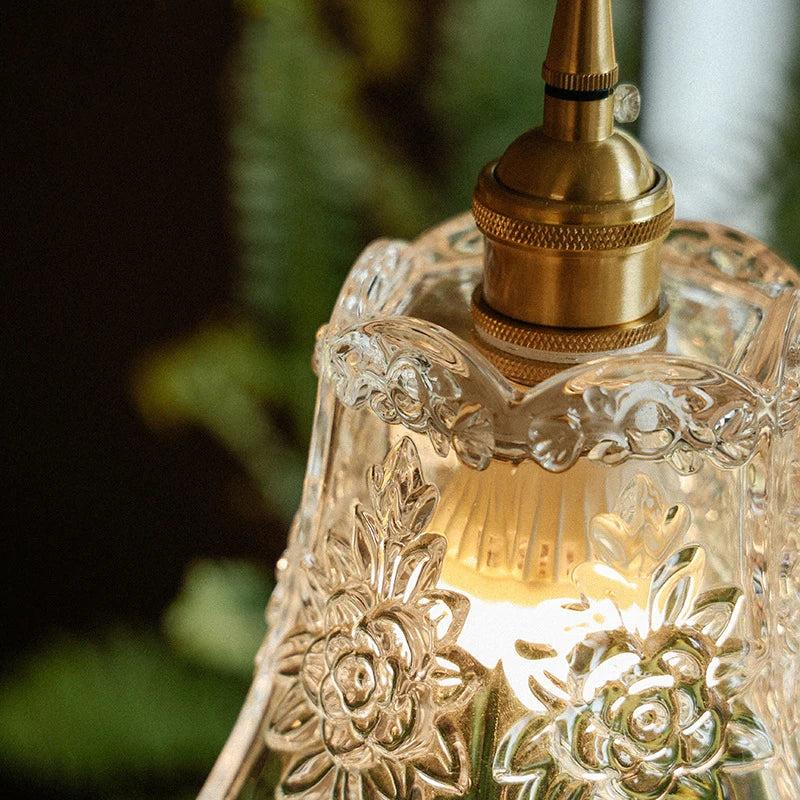 Vintage Textured Flower Glass Pendant Light with Brass Fitting for Bedside