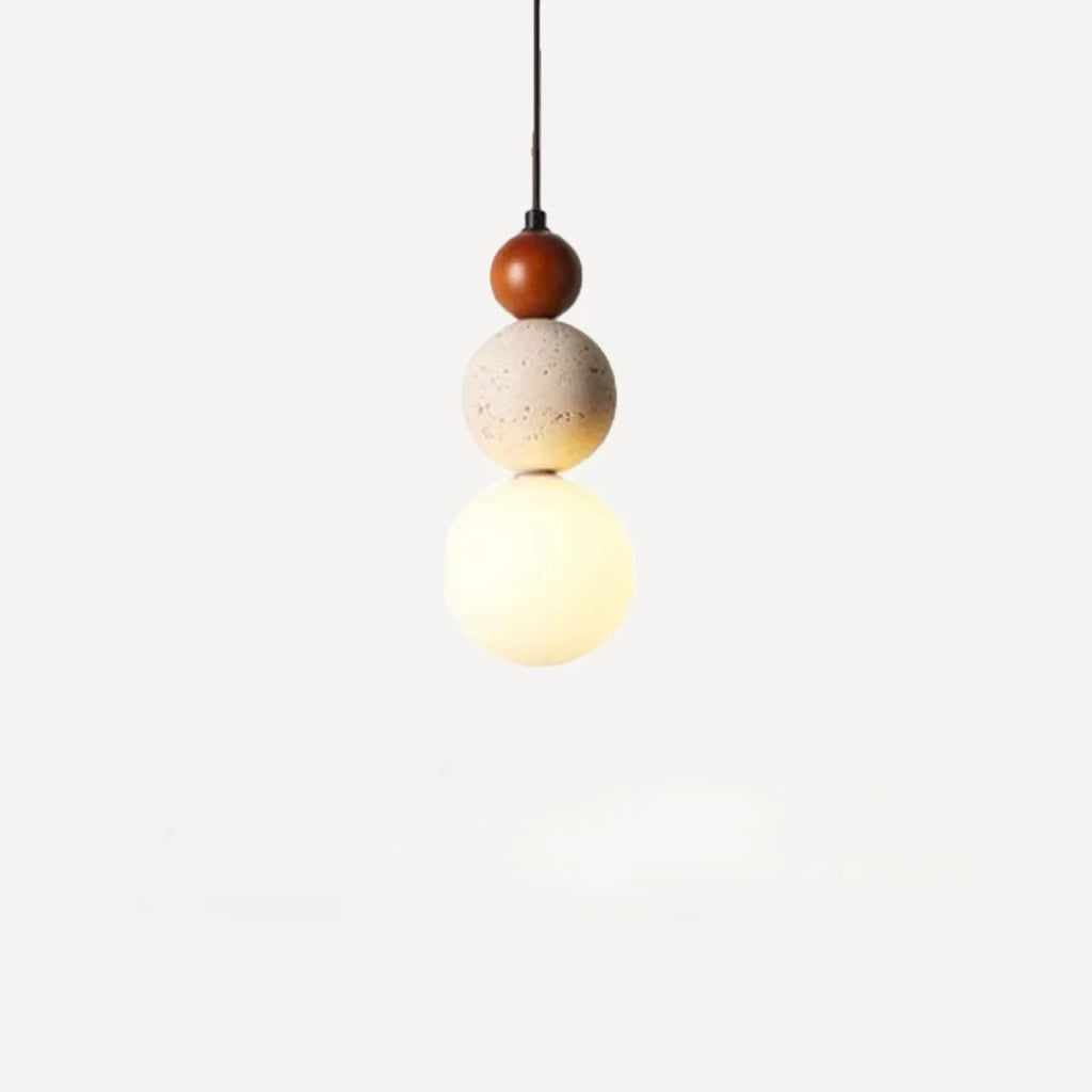 Cream Style Travertine and Wood Ball Pendant Light with Opal Globe