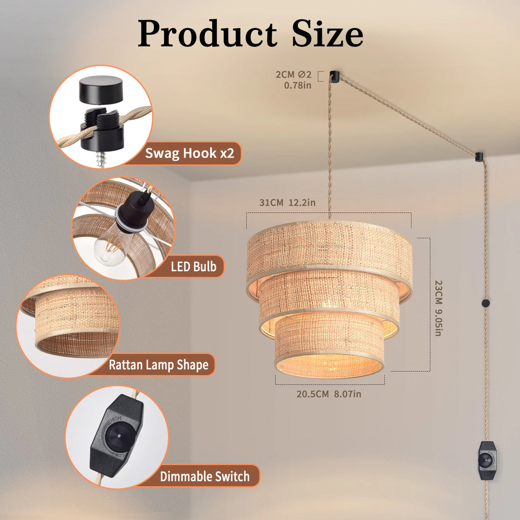 Bohemian Rattan Pendant Light 3-Tier Woven