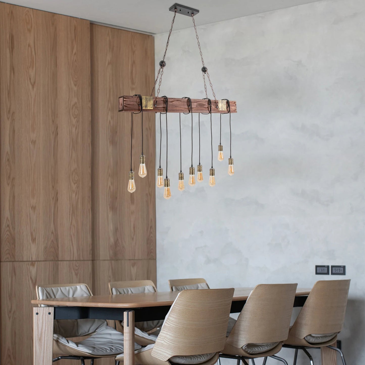 Rustic Wood Beam Pendant Light with Edison Bulbs