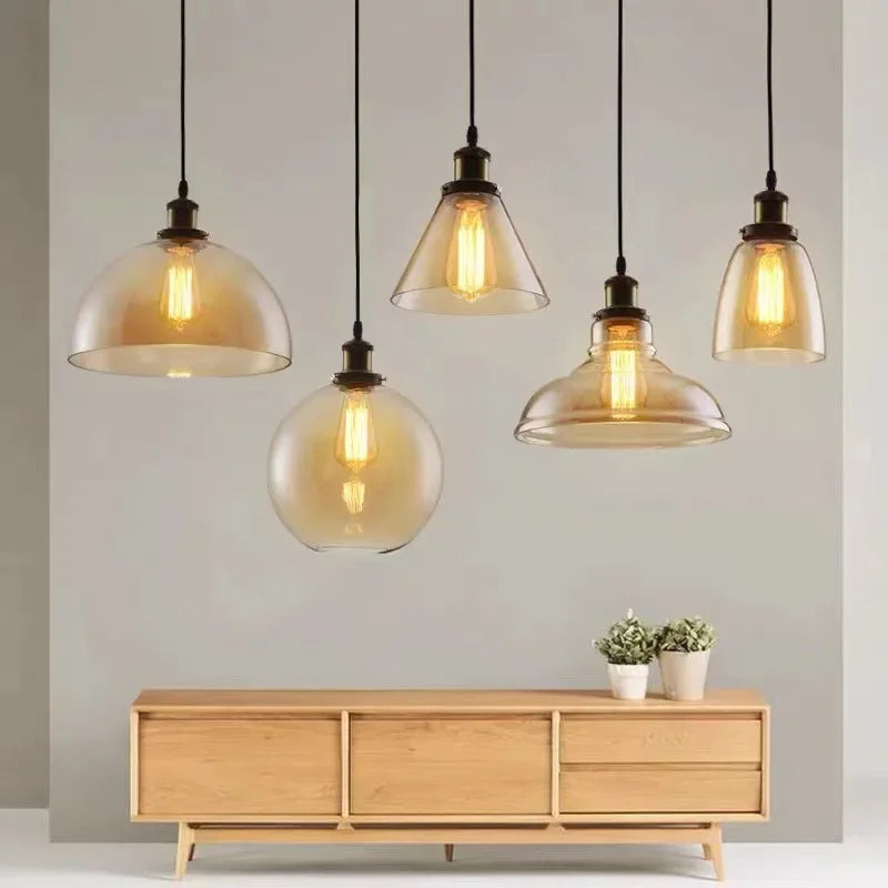 Industrial Clear Glass Pendant Light with Antique Brass Fitting for Bar