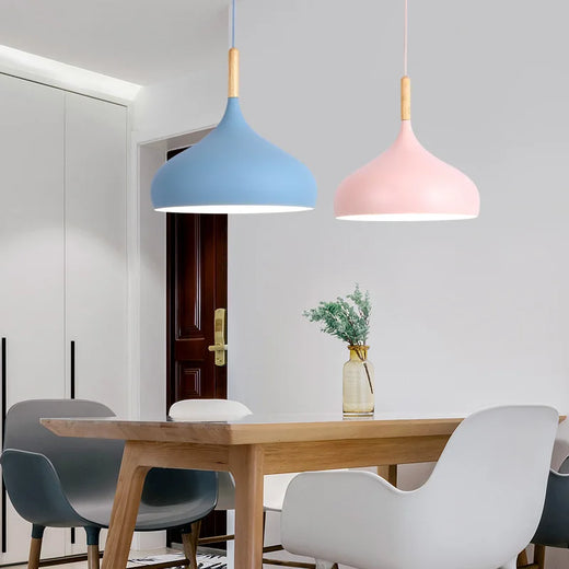 Modern Macaron Aluminum and Wood Pendant Light in Seven Colors for Kitchen