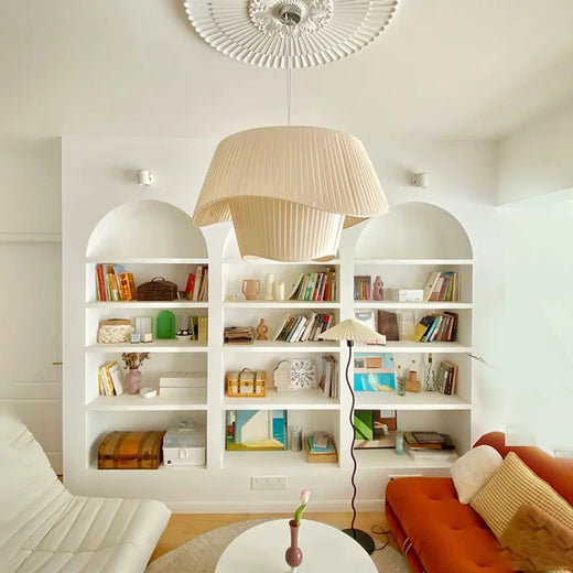 Nordic Cream Pleated Wave Fabric Pendant Light for Living Room