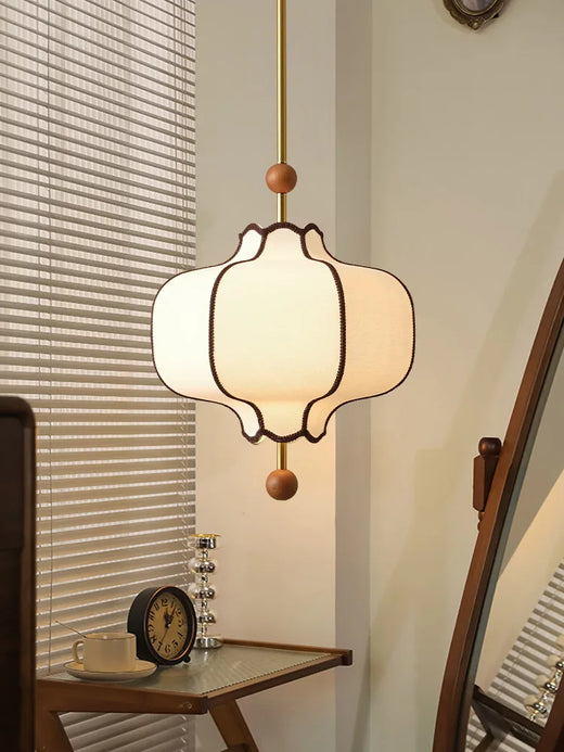 Vintage Fabric Lantern Pendant Light with Wood Beads for Bedside