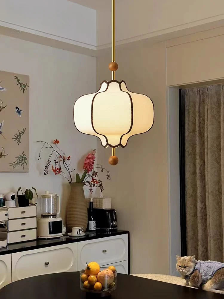 Vintage Fabric Lantern Pendant Light with Wood Beads for Bedside