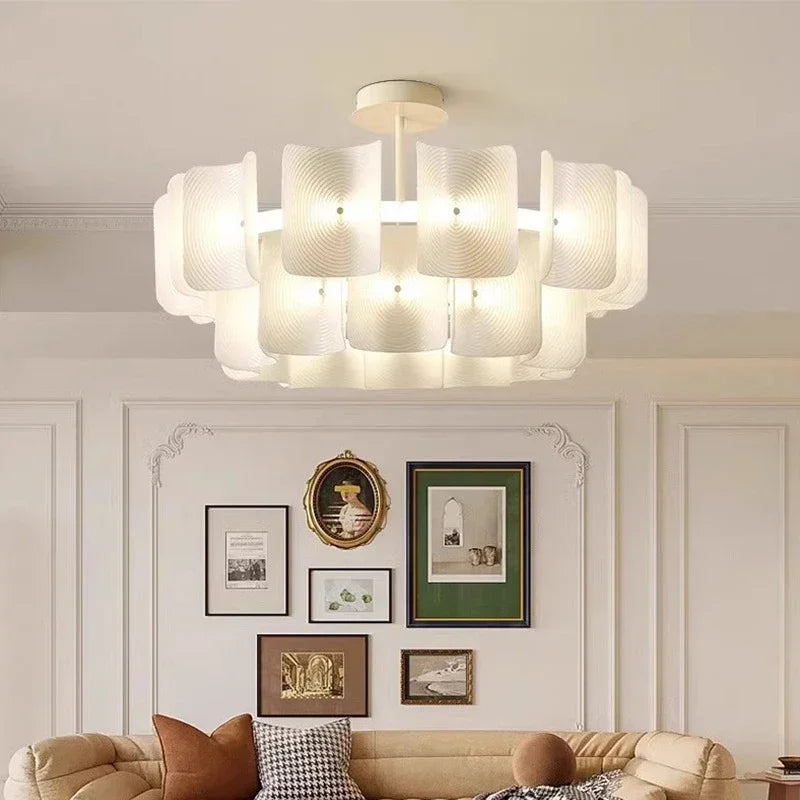 Wabi Sabi Textured Panel Ring Chandelier in Cream White for Living Room