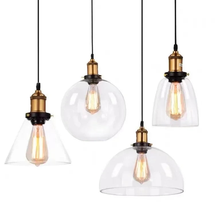 Industrial Clear Glass Pendant Light with Antique Brass Fitting for Bar